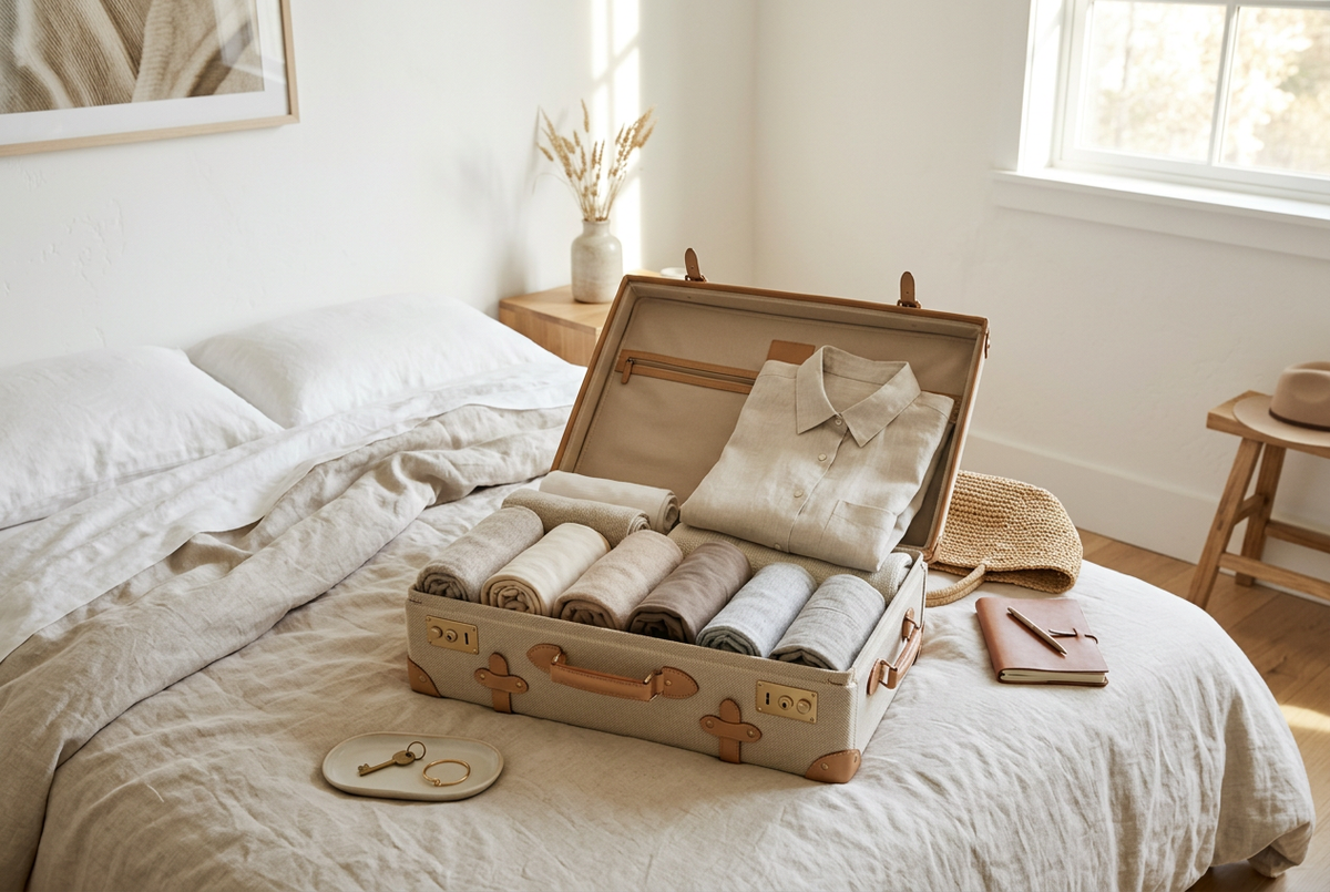 Open beige suitcase with neatly packed neutral clothing in a bright room.