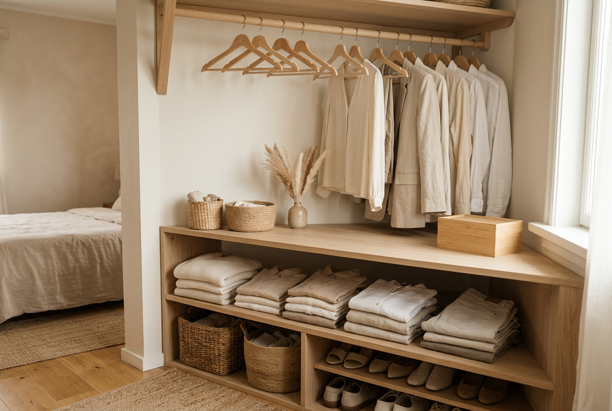 Neatly folded neutral clothes and simple hangers in a light wooden wardrobe.