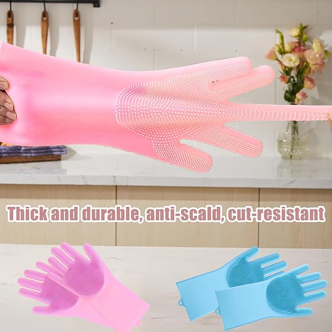Silicone Gloves with Wash Scrubber, Reusable Wash Gloves for Cleaning, Dishwashing, Household, Bathroom, Washing Car, Pet Hair Care,